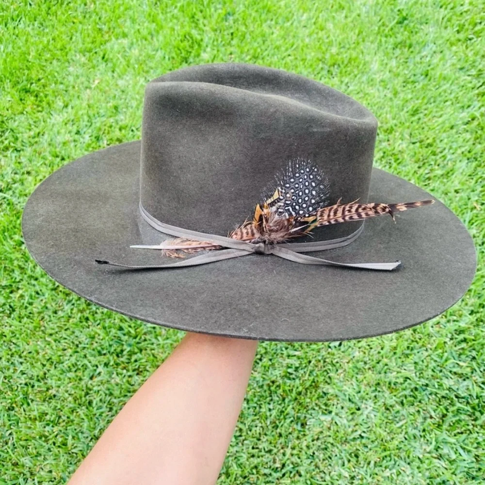 Authentic Custom Stetson Rabbit Felt Fur Green Sage Western Flat Brim Hat - Picture 6 of 11